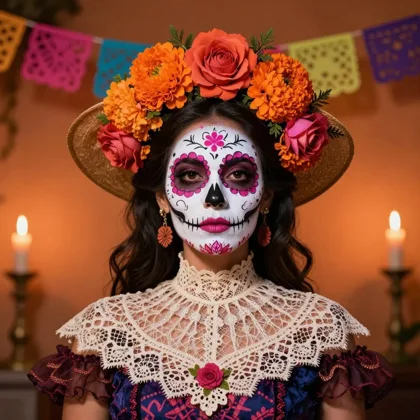 A woman as La Catrina with white calavera face paint and pink floral details, a straw hat covered in marigolds and roses, a white lace collar, papel picado behind her