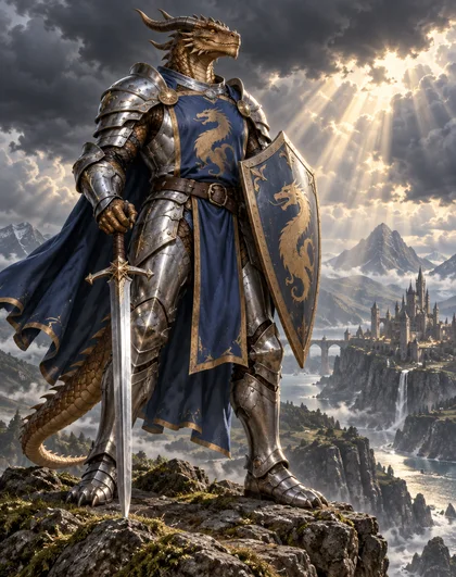 Full-body art of a bronze dragonborn paladin in silver plate and a blue dragon tabard with a longsword and shield on a cliff under storm clouds