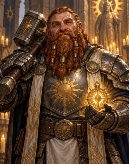 A painted portrait of a dwarf cleric with a braided copper beard in plate armour with a sun emblem, a warhammer on his shoulder