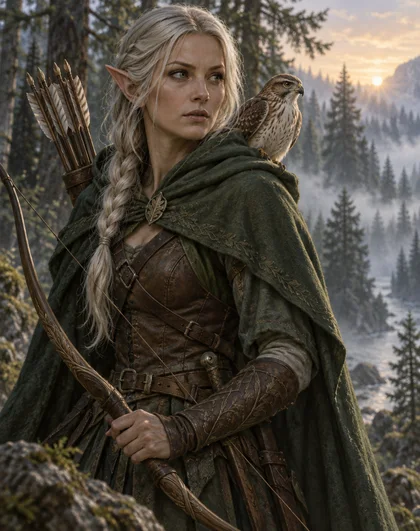 A painted portrait of a silver-haired wood elf ranger in a green hooded cloak with a longbow and a hawk on her shoulder in a misty pine forest