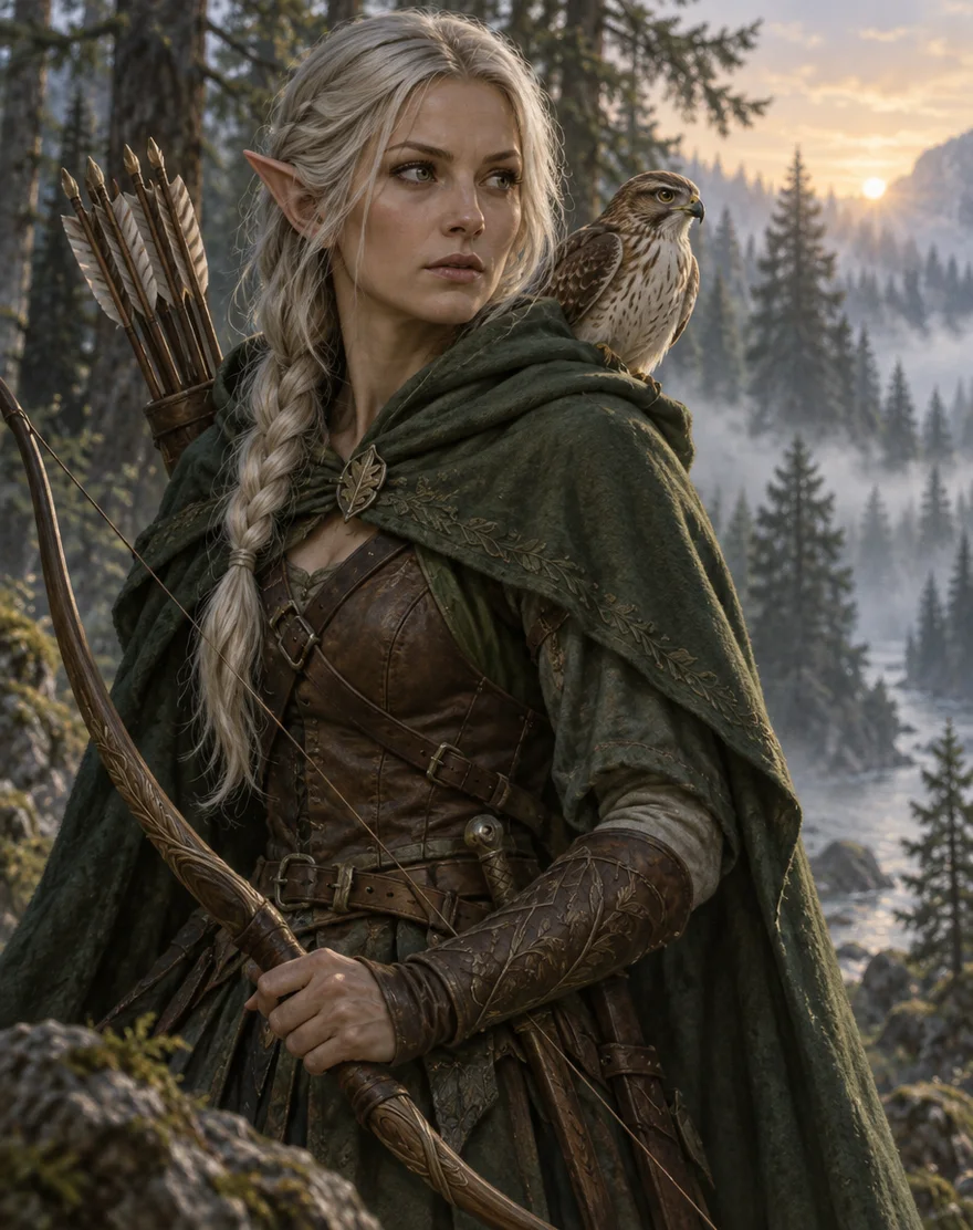 A painted concept of a silver-haired wood elf ranger in a green hooded cloak with a longbow and a hawk on her shoulder in a misty pine forest