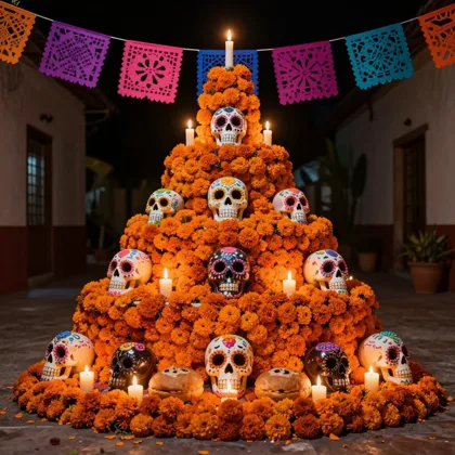 A tiered altar covered in orange marigolds with painted sugar skulls, candles and pan de muerto under papel picado banners in a courtyard at night