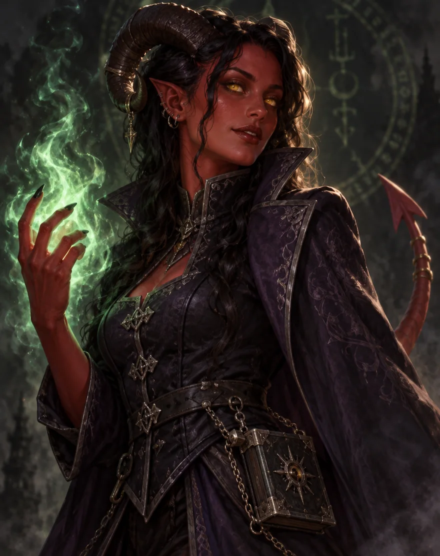 A painted portrait of a crimson-skinned tiefling warlock woman with ram horns and gold eyes holding a green eldritch flame