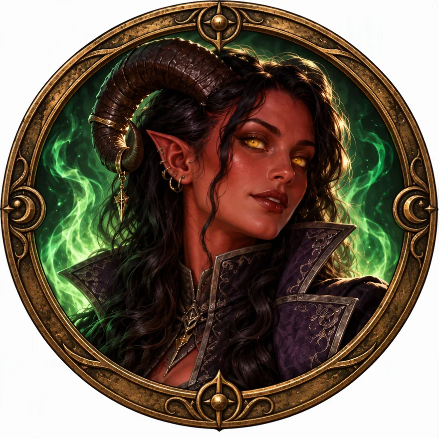 VTT token: Turn this tiefling warlock into a round virtual tabletop token for Roll20 or Foundry VTT: her head and shoulders centred inside a circular frame with a thick ornate bronze ring border, keep the same face, crimson skin, curved ram horns, gold eyes, black wavy hair and violet high-collared coat, green eldritch flame glow at the edge. Plain flat white background outside the circle. No text.