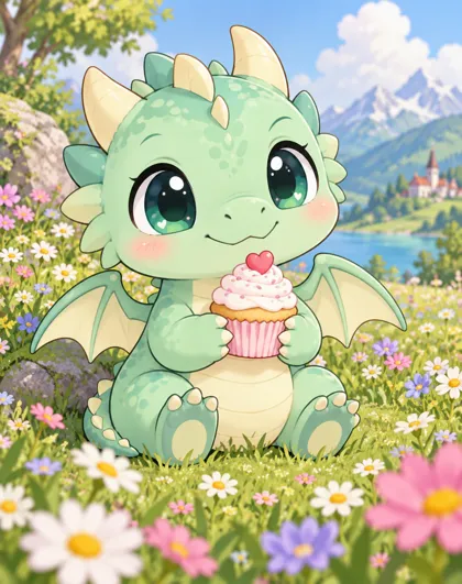 A small round mint-green dragon with big shiny eyes sitting in a flower meadow holding a pink cupcake