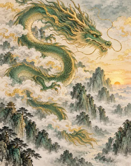 A long green eastern lung dragon with golden whiskers and mane, coiled among clouds above misty jade mountains at dawn