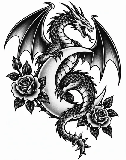 A black-and-grey wyvern with a spiked tail coiled around a crescent moon and two roses, on a white background