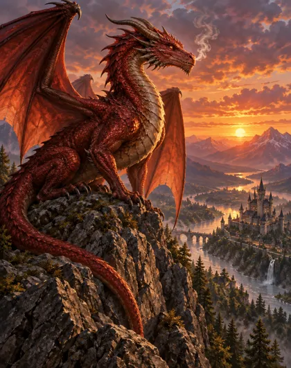 A red-scaled western dragon perched on a rocky mountain crag at sunset, wings half open, with a river valley and a castle below
