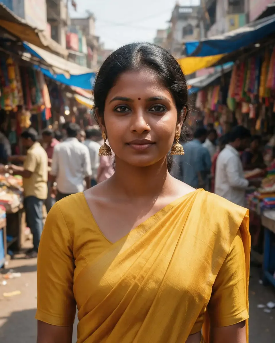 Original: Turn this into a Diwali evening portrait: same woman, same mustard saree, courtyard at dusk with lit clay diyas along the steps and a rangoli in front of her. Keep her face, hair, expression, pose and the saree exactly the same.