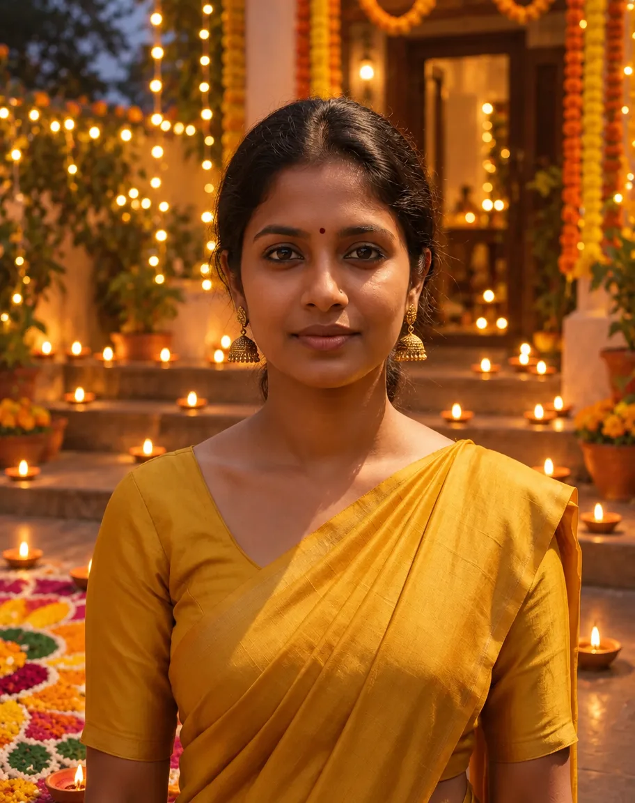 A woman in a mustard saree with gold jhumka earrings standing at dusk before steps lined with lit clay diyas, a colourful rangoli and marigold garlands with string lights