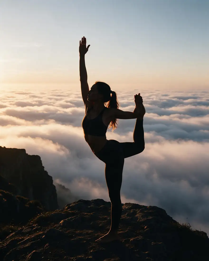 Before: woman in a yoga pose on a cliff. After: a golden retriever sitting beside her — before