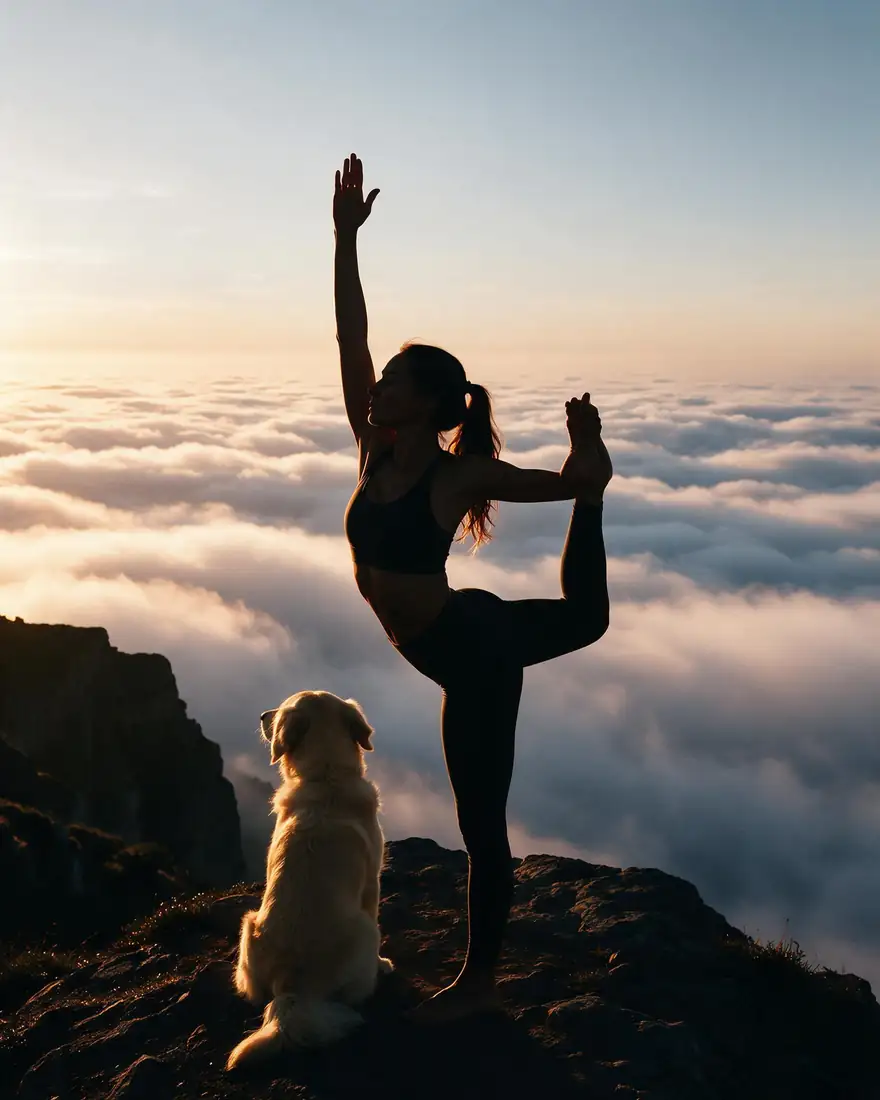 Before: woman in a yoga pose on a cliff. After: a golden retriever sitting beside her — after
