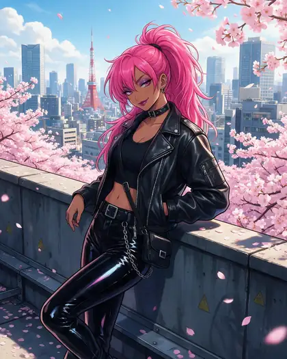 Before: anime woman on a neon rooftop at night. After: the same scene on a sunny afternoon