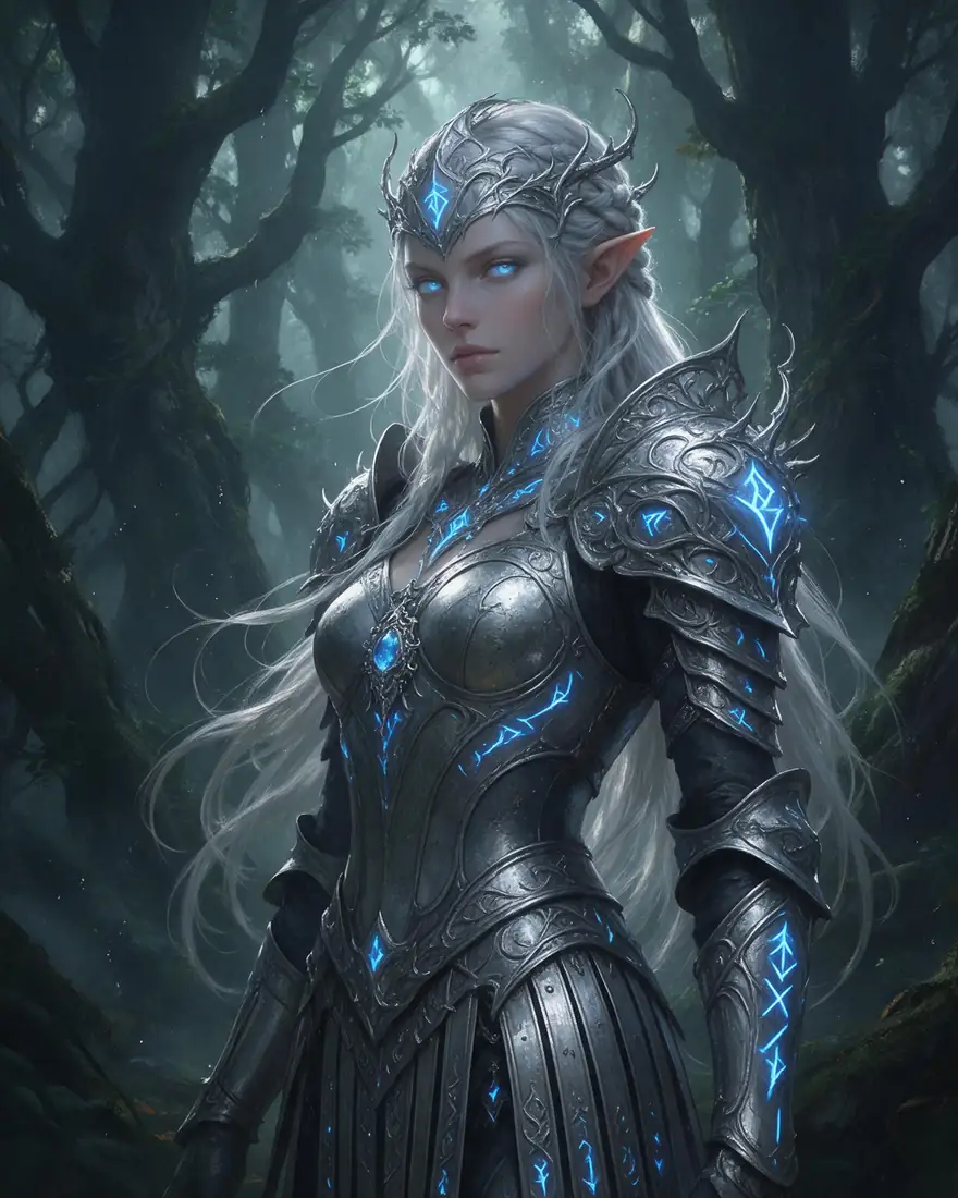 Before: elf with silver hair. After: copper-red hair and gold armour — before