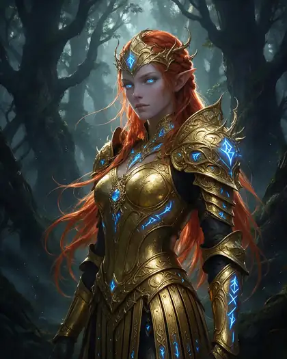 Before: elf with silver hair. After: copper-red hair and gold armour