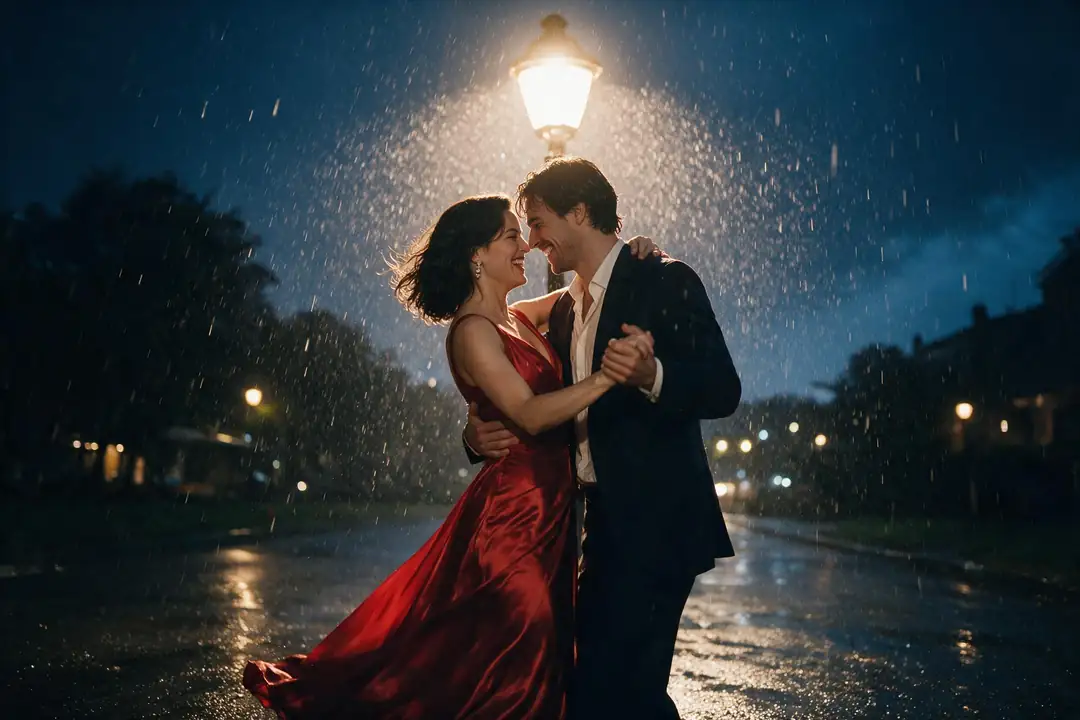 Two references combined: the woman in the red gown dancing in the rainy street scene