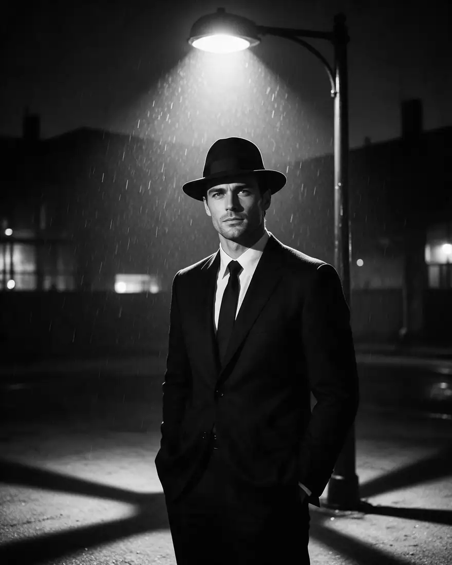 Before: black-and-white photo of a man in a fedora. After: colourful 3D animated version — before