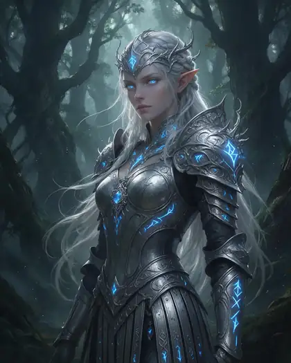 Elf sorceress in silver armor with glowing blue runes in a misty forest
