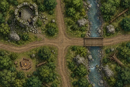 A top-down D&D battle map of a forest crossroads with a ruined round watchtower, a wooden bridge over a stream, boulders, fallen logs and a campfire, with a square grid