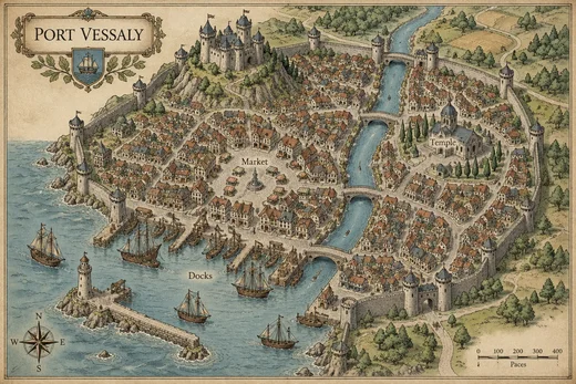 A bird's-eye fantasy city map of the walled harbour town Port Vessaly with a hilltop castle, market square, temple, docks with sailing ships and a river with bridges
