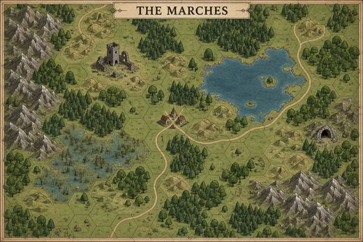 A hex-grid fantasy region map titled The Marches with forests, hills, mountains, a lake, a marsh, a village, a ruined keep, a cave and a winding road