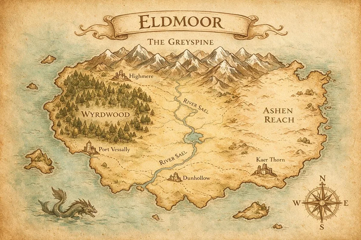 Seedream 5.0 Pro: A hand-drawn fantasy world map on aged parchment, in the style of a classic fantasy novel endpaper map. One large continent titled "ELDMOOR" in a decorative banner at the top. Snow-capped mountain range across the north labelled "The Greyspine", a dense forest labelled "Wyrdwood", a winding river labelled "River Sael" flowing to a southern bay, a desert in the east labelled "Ashen Reach", a few small islands, and four towns with tiny castle icons labelled "Highmere", "Port Vessaly", "Dunhollow" and "Kaer Thorn". A compass rose in the bottom-right corner, a sea serpent drawing in the ocean, sepia ink linework with soft watercolour washes. All labels spelled exactly as written, clean readable lettering.