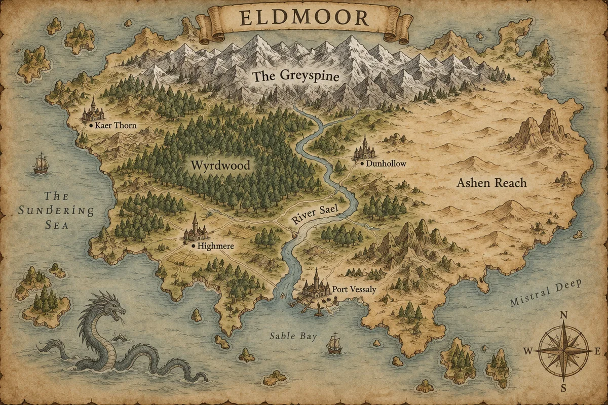 A hand-drawn parchment fantasy map of the continent Eldmoor with the Greyspine mountains, Wyrdwood forest, River Sael, the Ashen Reach desert, four towns, a compass rose and a sea serpent