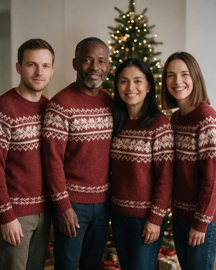 AI Christmas family photo of four adults in matching red and cream knit sweaters in front of a lit Christmas tree