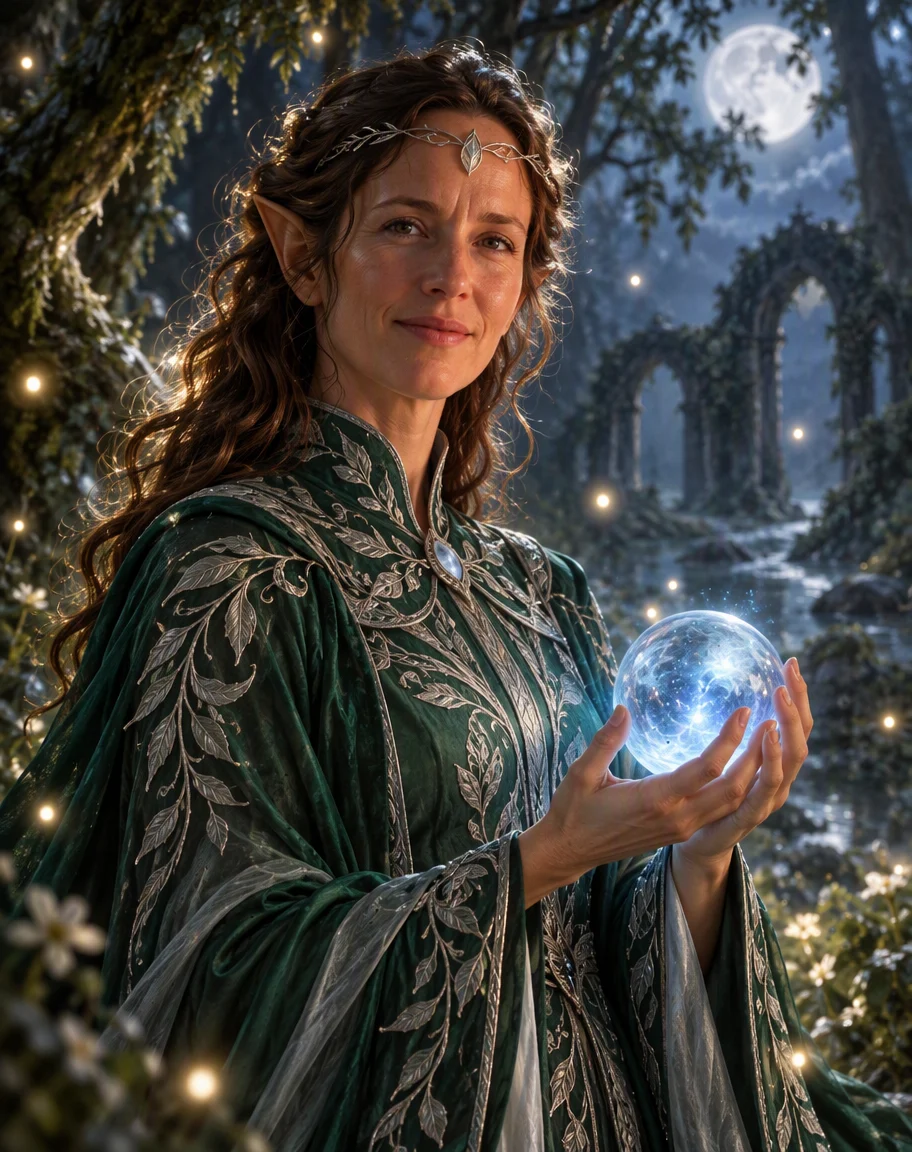 A woman with wavy auburn hair turned into an elven sorceress with pointed ears, a silver circlet and an emerald robe, holding a glowing blue orb in a moonlit forest
