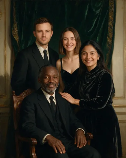 AI oil painting style family portrait of an older man seated in a carved chair with his wife and two adults standing, green velvet drapery behind