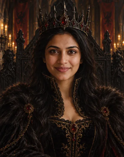 A dark-haired woman as a dark-fantasy queen wearing a black iron crown with red gems, a black velvet gown with gold filigree and a fur mantle in a candlelit gothic hall