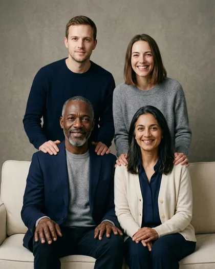AI family portrait of an older couple seated on a cream sofa with their adult son and his partner standing behind, in navy, cream and grey