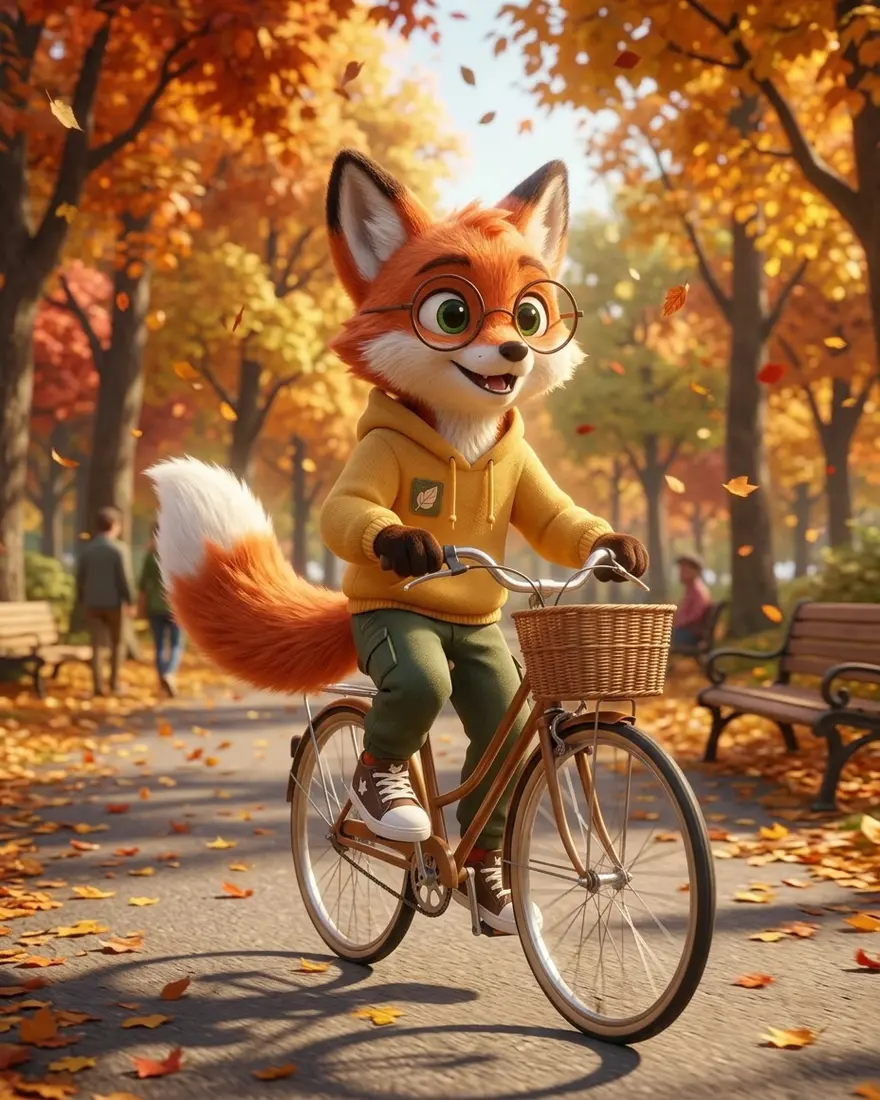 New scene: The same fox fursona character — identical face, green eyes, round glasses, mustard-yellow hoodie with the leaf patch, green cargo trousers and fluffy white-tipped tail — now riding a bicycle through an autumn park, same 3D animation style.