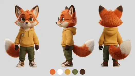A front, side and back reference sheet of the same fox fursona with five colour swatches