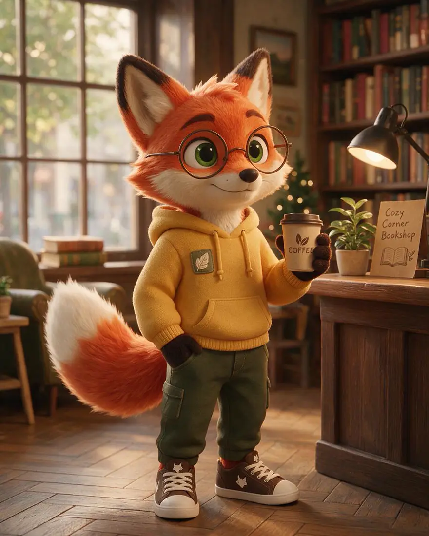 A 3D-style red fox fursona with green eyes, round glasses and a mustard hoodie holding a coffee in a bookshop