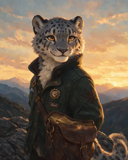 A painterly snow leopard fursona with amber eyes in a green explorer jacket on a mountain ridge at sunset