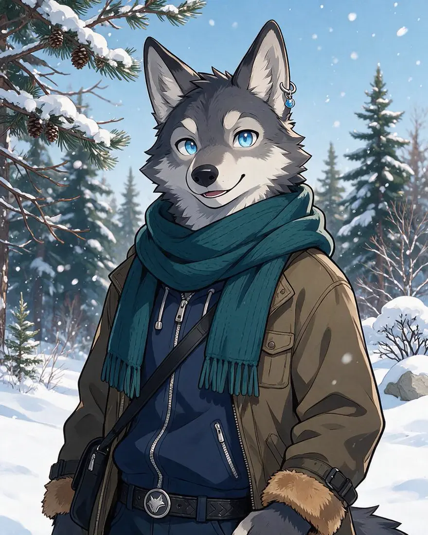 Anime wolf: The same fox fursona character — identical face, green eyes, round glasses, mustard-yellow hoodie with the leaf patch, green cargo trousers and fluffy white-tipped tail — now riding a bicycle through an autumn park, same 3D animation style.