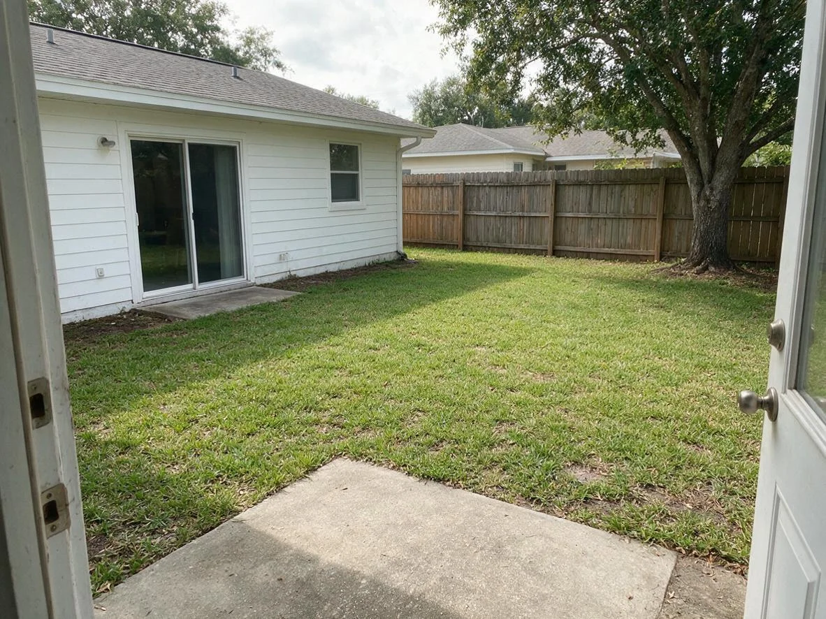 Original: Redesign this backyard as an English cottage garden: deep curved flower borders with lavender, roses, foxgloves and catmint along the fence, a gravel path, a small wooden bench under the tree, the concrete patio replaced by weathered brick pavers with two potted plants. Keep the same house, sliding door, fence, tree, sky and camera angle.