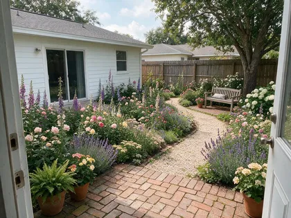 The same backyard redesigned as an English cottage garden with lavender, roses and foxgloves, a gravel path, a bench under the tree and a brick patio