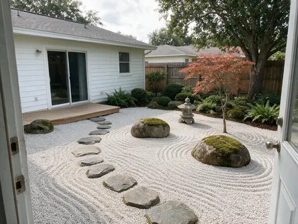 The same backyard redesigned as a Japanese-style garden with raked white gravel, mossy boulders, stepping stones, a red Japanese maple, a stone lantern and a timber deck