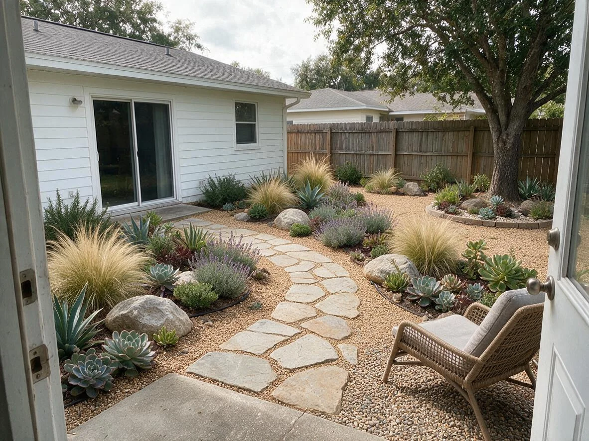 Xeriscape: Redesign this backyard as an English cottage garden: deep curved flower borders with lavender, roses, foxgloves and catmint along the fence, a gravel path, a small wooden bench under the tree, the concrete patio replaced by weathered brick pavers with two potted plants. Keep the same house, sliding door, fence, tree, sky and camera angle.