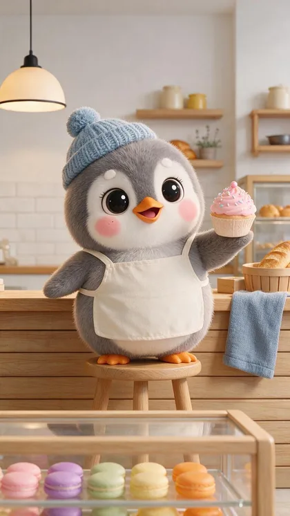 A grey chibi penguin in a white apron and blue beanie standing on a stool behind a bakery counter holding up a pink cupcake