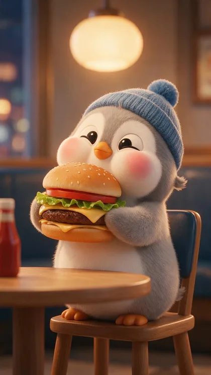 A grey chibi penguin in a blue beanie at a diner table hugging a burger bigger than its head, eyes squeezed shut in happiness
