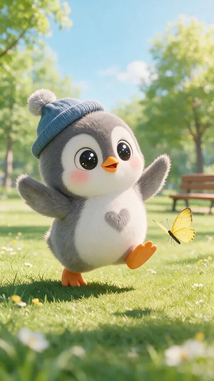 A grey chibi penguin in a blue beanie waddling across a sunny park lawn with flippers raised, a yellow butterfly beside it