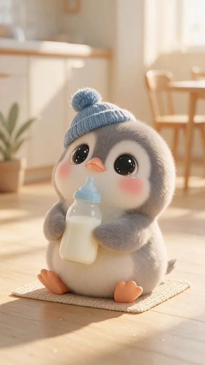 A fluffy grey chibi penguin in a blue knitted beanie sitting on a kitchen floor holding a bottle of milk, pouting with a tear in one eye