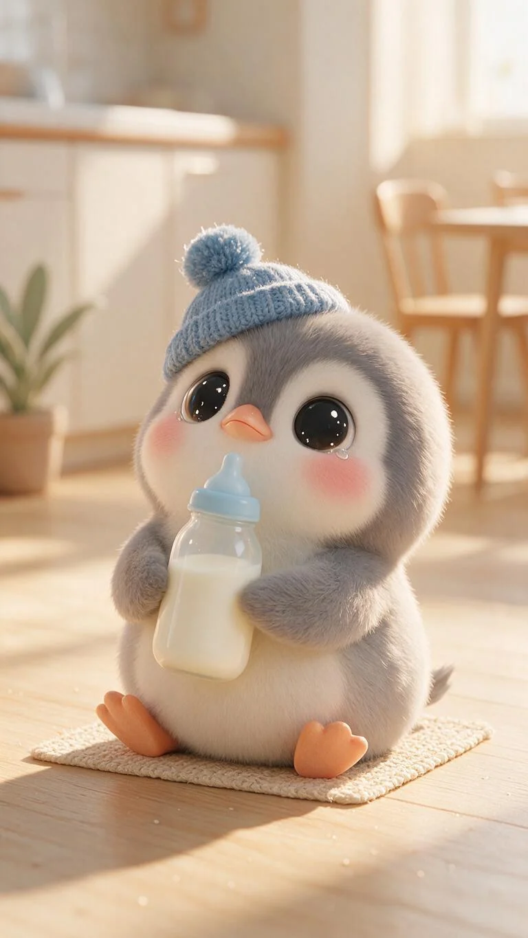A fluffy grey chibi penguin in a blue knitted beanie sitting on a kitchen floor holding a bottle of milk, pouting with a tear in one eye