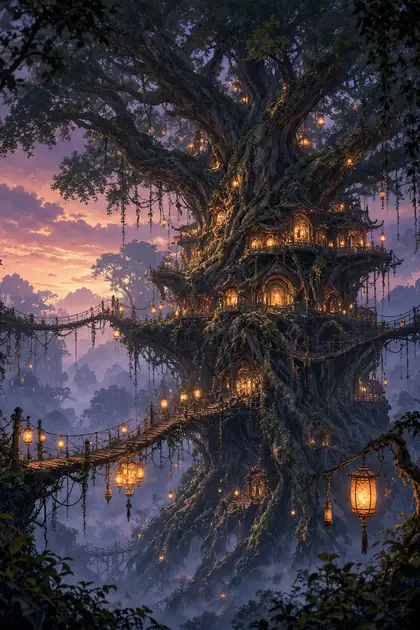 Tree city at dusk
