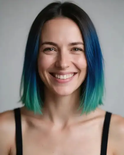 Same woman with blue-teal ombre hair