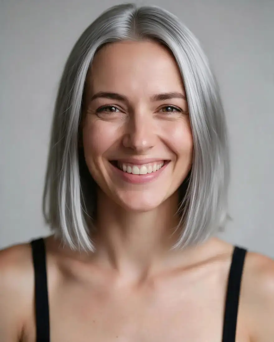 Silver grey: Change her hair colour to silver grey, same haircut. Keep her face, expression, skin, clothing, the grey background and the lighting exactly the same.