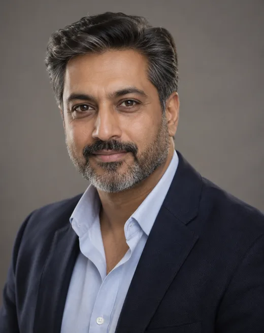 A studio headshot of a man in his 40s with salt-and-pepper hair and beard, navy blazer and light blue shirt, on a grey backdrop